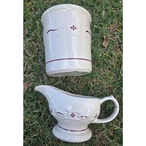 Longaberger Pottery Ivory / Red 1 Quart Crock/Utensil Holder And Gravy Boat